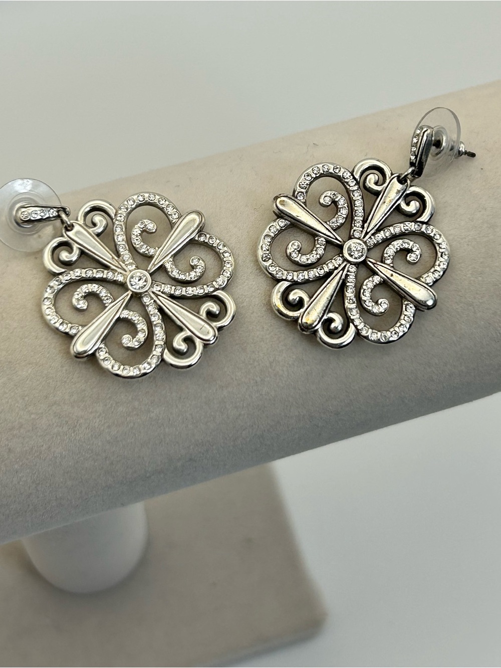 Brighton Crystal Filigree Scroll Earrings Silver Plated Studs 1.5" Dangle Drop